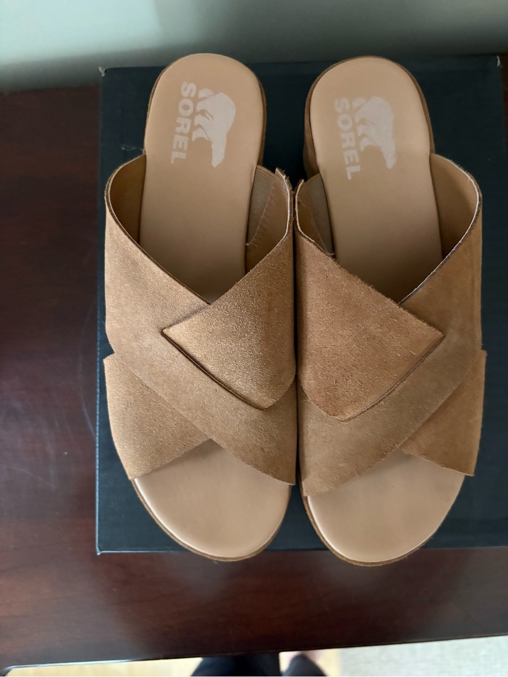 Sorel Tan Suede Crisscross Mule Slides